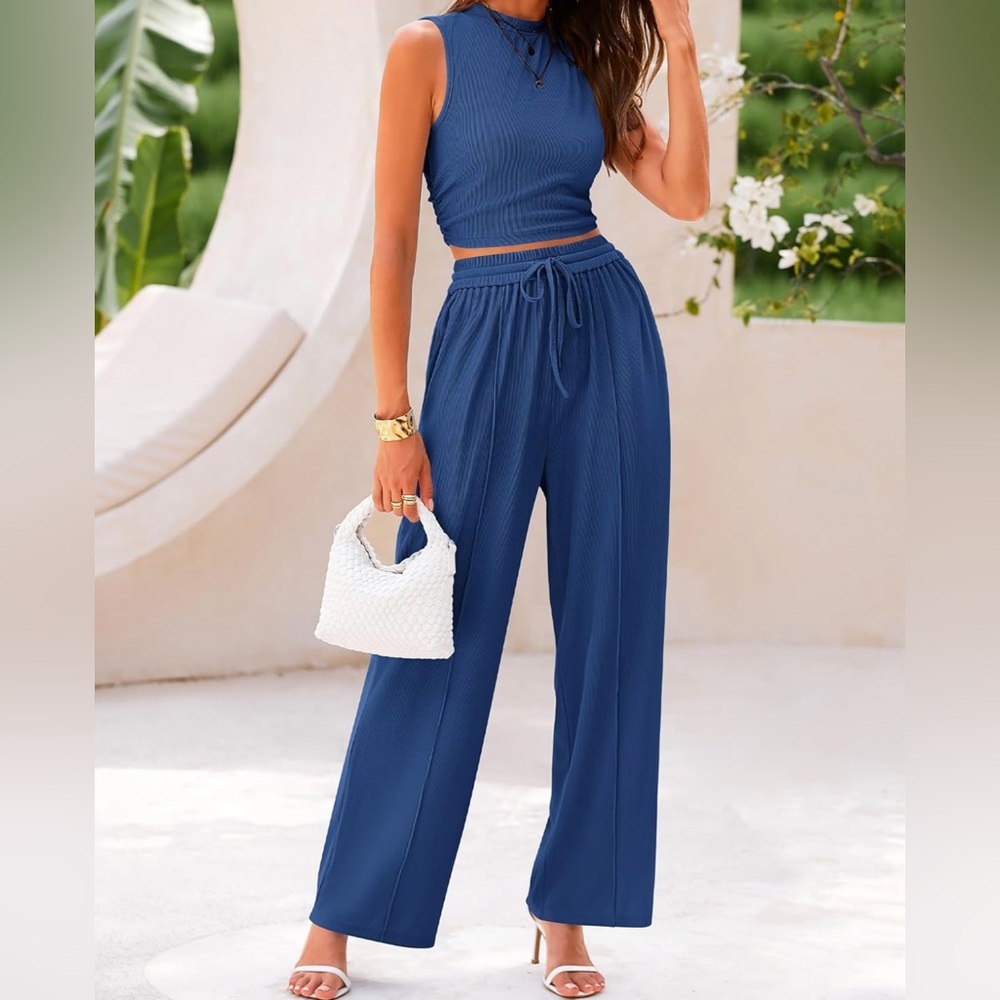 Women 2 Piece Outfit Sleeveless Crop Top Elastic Waist Wide Leg Pants Lounge set